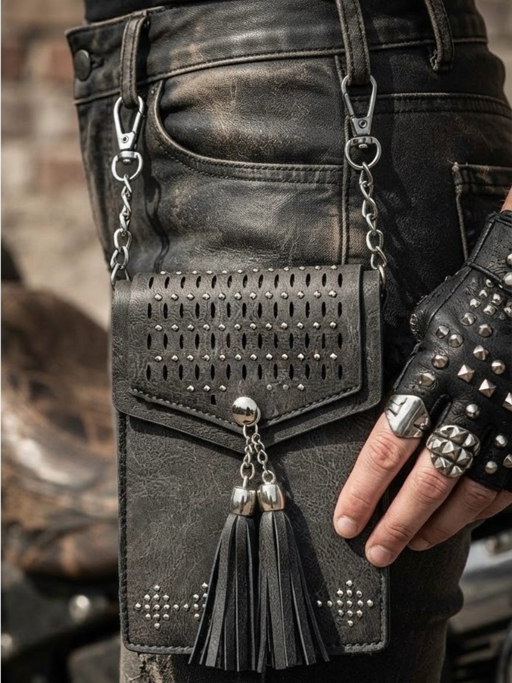 Beautiful Studded Faux Leather Hip Clip & Belt Loop Purse 5"x7" Biker/Concert